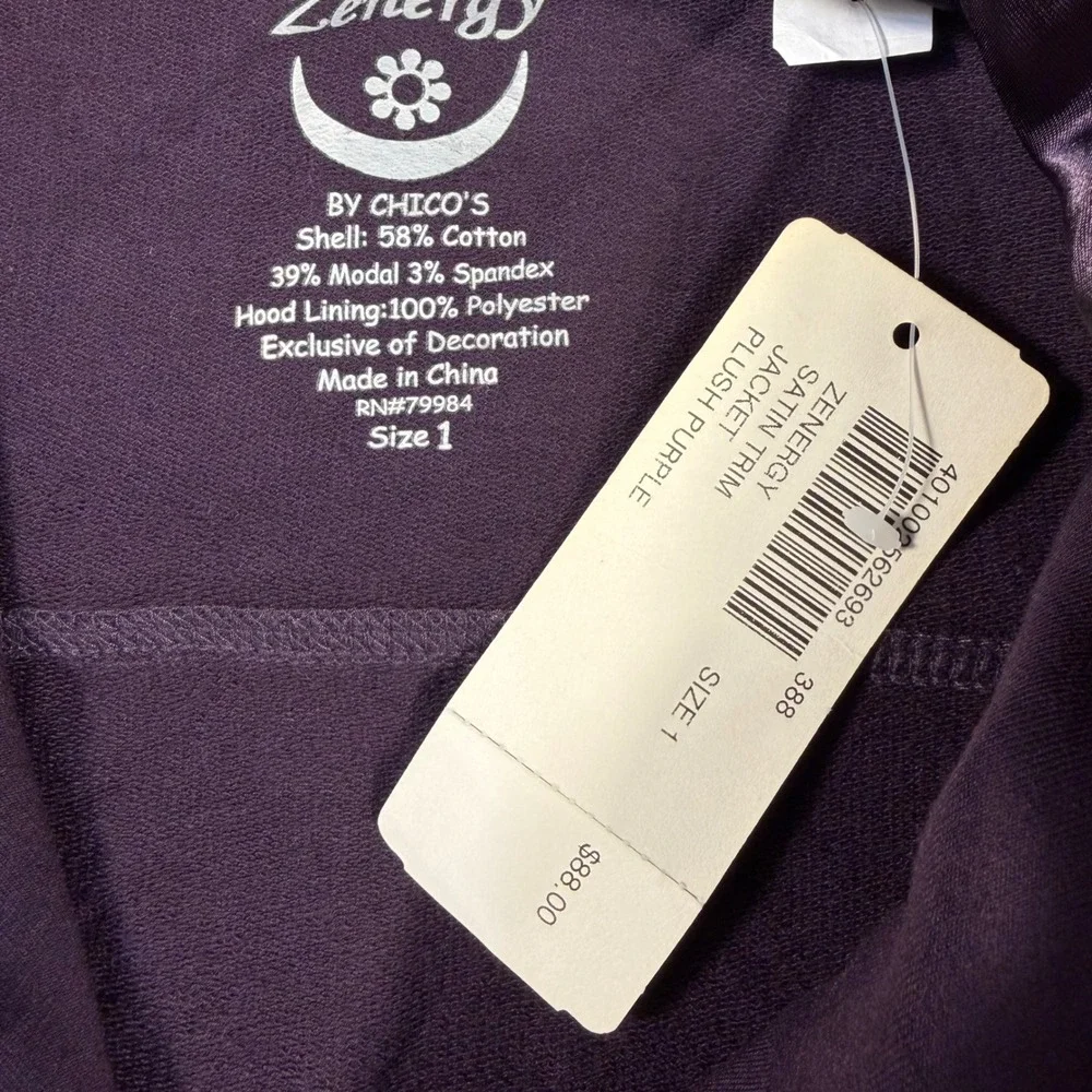 Chico's Zenergy‎ Satin Trim Jacket Size Medium (1) Purple Hooded Full Zip NWT